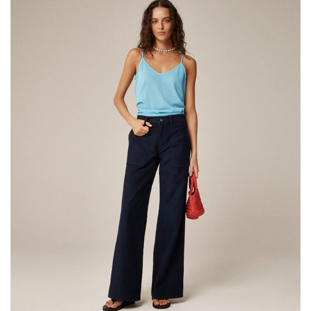 J.Crew Camp Pocket Wide Leg Pant Sz 32 Navy Mid-Rise Stretch Zip Fly Flared Leg